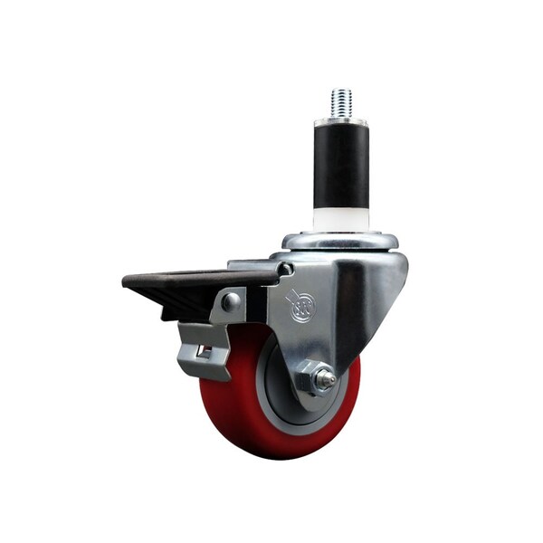 3'' Red Poly Swivel 1-3/8'' Expanding Stem Caster with Brake